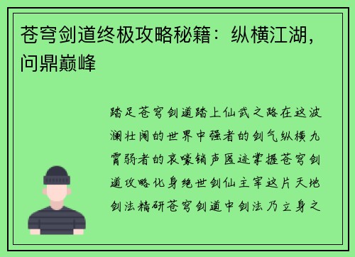 苍穹剑道终极攻略秘籍：纵横江湖，问鼎巅峰