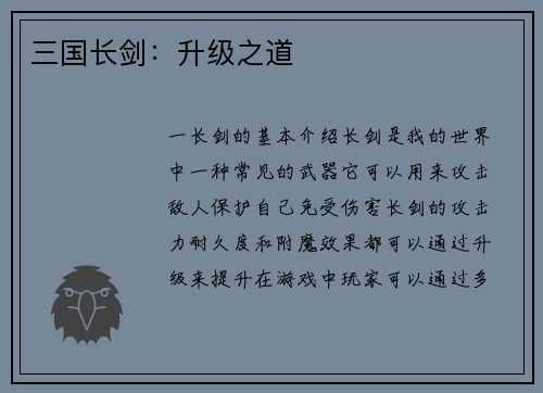 三国长剑：升级之道
